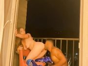 Gorgeous white chick fucking black friend on balcony and eating his cum